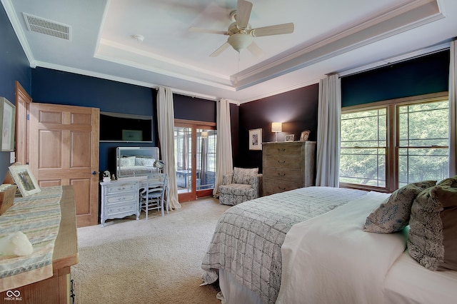 214 W Stoney Trl, Greenfield, IN 46140 - bedroom with carpet, access to exterior, a tray ceiling, crown molding, and a ceiling fan