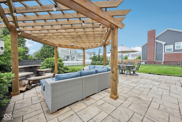 10806 Solis Cir, Fishers, IN 46038 - fenced backyard featuring outdoor lounge area, a patio area, a pergola, and outdoor dining space