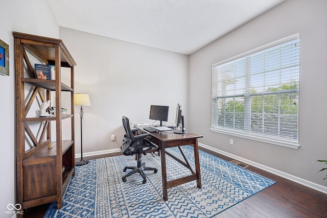 10806 Solis Cir, Fishers, IN 46038 - home office featuring baseboards and dark wood-style flooring