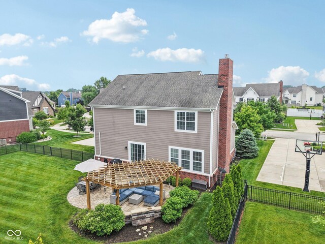 10806 Solis Cir, Fishers, IN 46038 - rear view of property with a patio, a fenced backyard, a chimney, a residential view, and roof with shingles