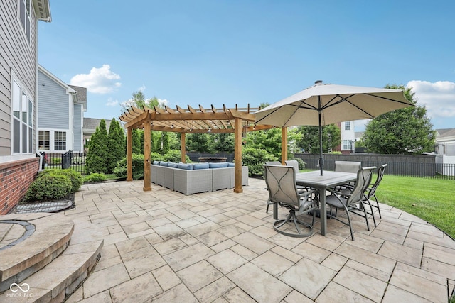 10806 Solis Cir, Fishers, IN 46038 - fenced backyard featuring a pergola, outdoor lounge area, a patio area, and outdoor dining space