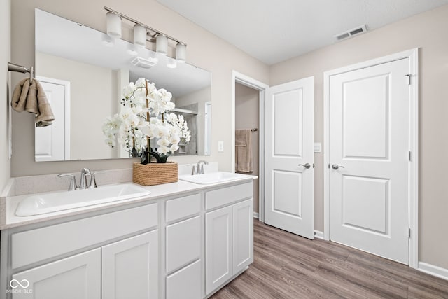 2892 Maricopa Blvd, Whitestown, IN 46075 - bathroom featuring double vanity, wood finished floors, and a shower