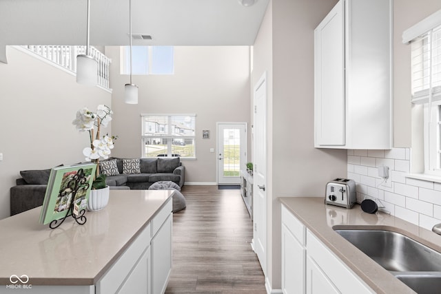 2892 Maricopa Blvd, Whitestown, IN 46075 - kitchen featuring wood finished floors, healthy amount of natural light, white cabinetry, open floor plan, and a high ceiling