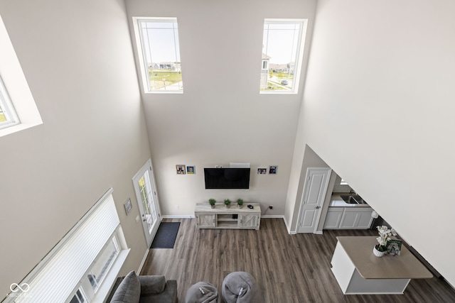 2892 Maricopa Blvd, Whitestown, IN 46075 - living room featuring a towering ceiling and dark wood finished floors