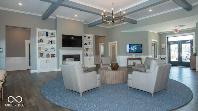 2892 Maricopa Blvd, Whitestown, IN 46075 - living room with a chandelier, wood finished floors, beamed ceiling, a fireplace, and coffered ceiling