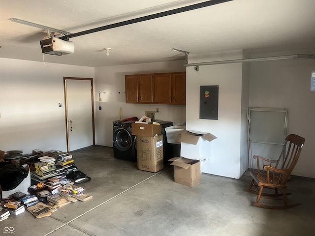 5632 Spring Mist Cir, Indianapolis, IN 46237 - garage with electric panel, a garage door opener, and washer and clothes dryer