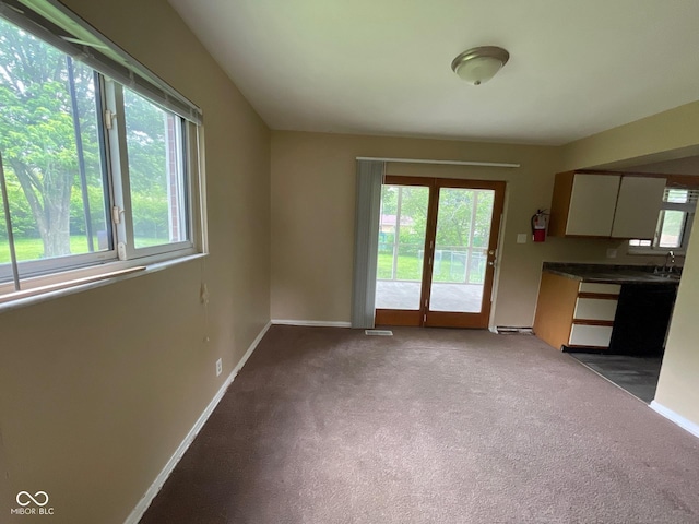1749 N Graham Ave, Indianapolis, IN 46218 - kitchen featuring plenty of natural light, carpet flooring, and dark countertops