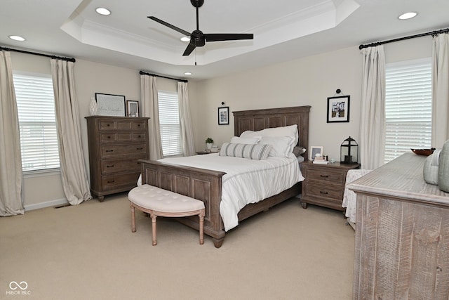 13616 Whitten Dr N, Fishers, IN 46037 - bedroom featuring light colored carpet, a raised ceiling, ornamental molding, recessed lighting, and a ceiling fan