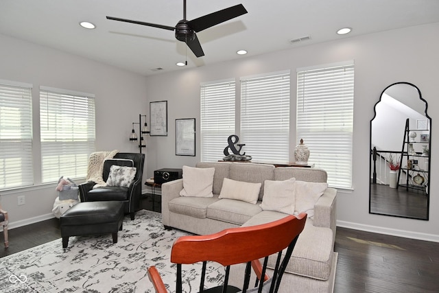 13616 Whitten Dr N, Fishers, IN 46037 - living room featuring wood finished floors, ceiling fan, and recessed lighting