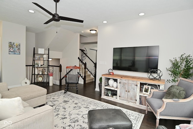 13616 Whitten Dr N, Fishers, IN 46037 - living area featuring a ceiling fan, wood finished floors, recessed lighting, and stairway
