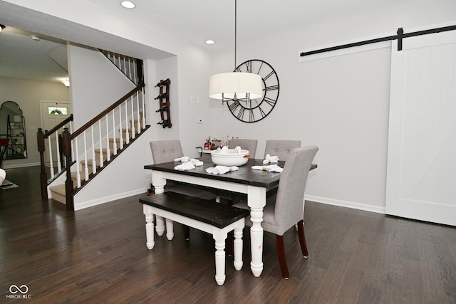 13616 Whitten Dr N, Fishers, IN 46037 - dining area with a barn door, stairway, dark wood finished floors, and recessed lighting