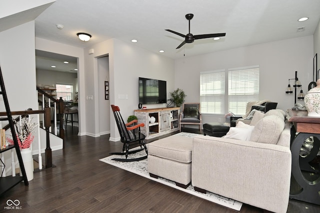 13616 Whitten Dr N, Fishers, IN 46037 - living room with ceiling fan, wood finished floors, recessed lighting, and stairway
