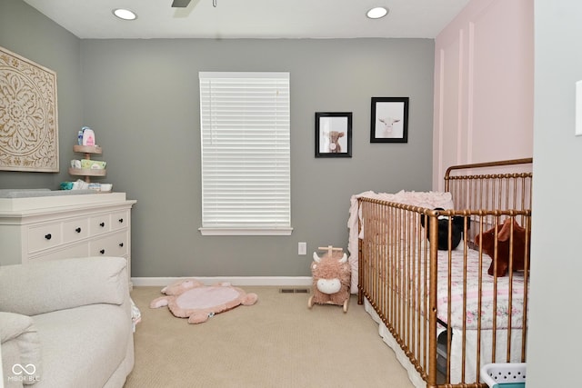 13616 Whitten Dr N, Fishers, IN 46037 - bedroom featuring a crib, carpet, recessed lighting, and ceiling fan