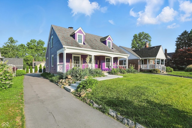 808 N Layman Ave, Indianapolis, IN 46219 - cape cod-style house featuring covered porch, a front yard, and a chimney