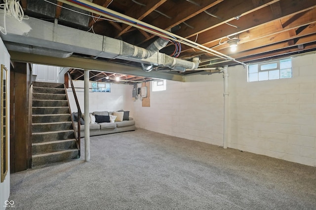 808 N Layman Ave, Indianapolis, IN 46219 - basement with stairway and carpet flooring