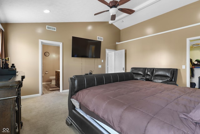 10312 Gladeview Dr, Indianapolis, IN 46239 - bedroom with a walk in closet, light carpet, connected bathroom, a closet, and ceiling fan