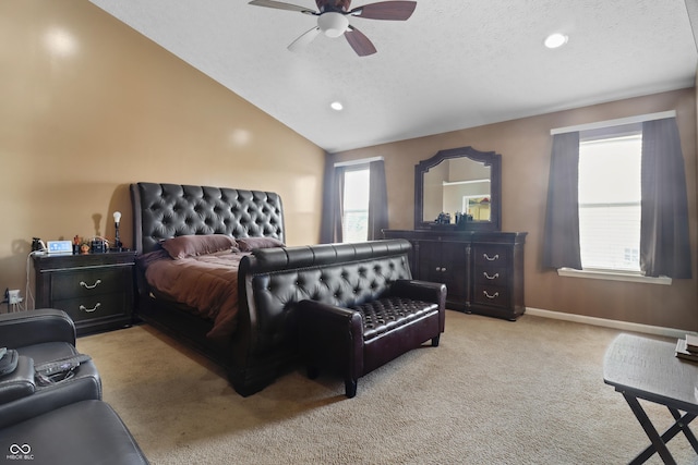 10312 Gladeview Dr, Indianapolis, IN 46239 - bedroom featuring light carpet, recessed lighting, a textured ceiling, a ceiling fan, and vaulted ceiling