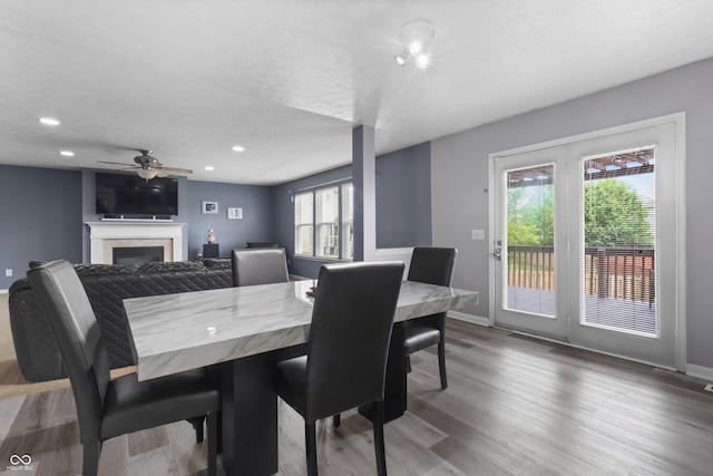 10312 Gladeview Dr, Indianapolis, IN 46239 - dining space featuring wood finished floors, a fireplace, a ceiling fan, and recessed lighting