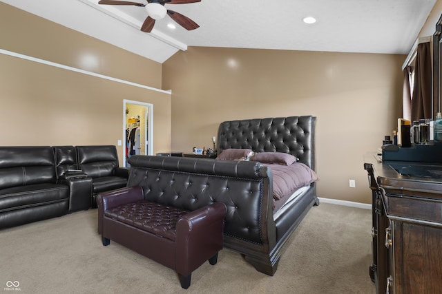 10312 Gladeview Dr, Indianapolis, IN 46239 - bedroom featuring light carpet, vaulted ceiling, a walk in closet, a ceiling fan, and recessed lighting