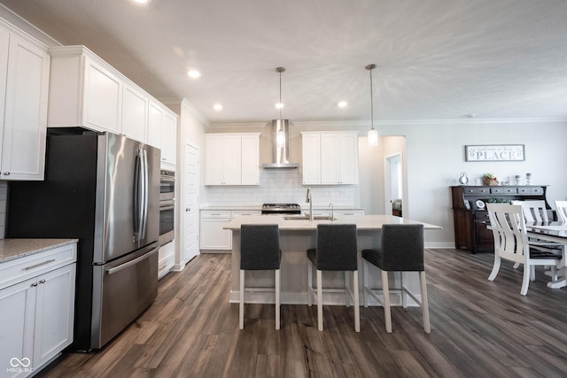 9671 Holborn Ave, Mccordsville, IN 46055 - kitchen with wall chimney exhaust hood, stainless steel appliances, tasteful backsplash, ornamental molding, and dark wood-style floors