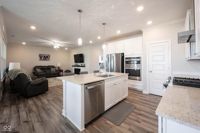 9671 Holborn Ave, Mccordsville, IN 46055 - kitchen with stainless steel appliances, crown molding, recessed lighting, white cabinets, and a center island with sink