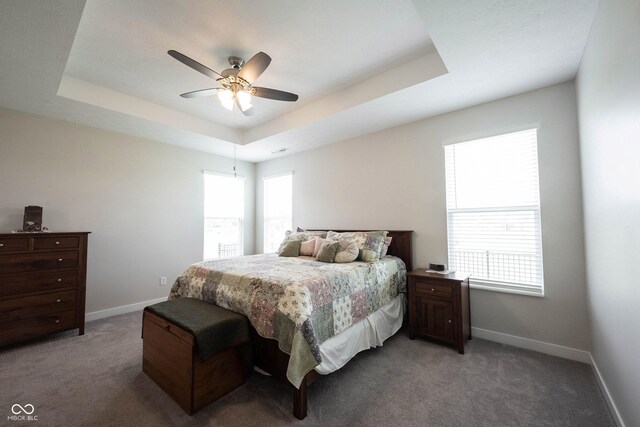9671 Holborn Ave, Mccordsville, IN 46055 - bedroom with a tray ceiling, light carpet, and ceiling fan
