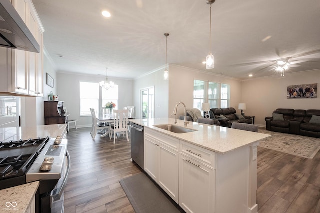 9671 Holborn Ave, Mccordsville, IN 46055 - kitchen featuring range hood, gas stove, dishwasher, dark wood-style flooring, and ornamental molding