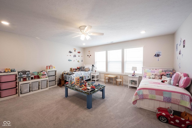 9671 Holborn Ave, Mccordsville, IN 46055 - carpeted bedroom with recessed lighting, a ceiling fan, and a textured ceiling