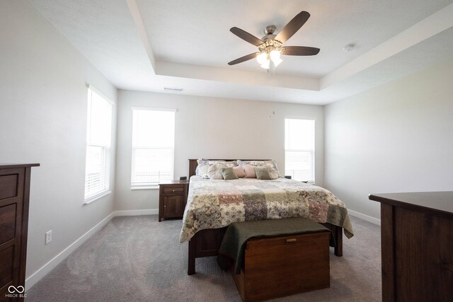 9671 Holborn Ave, Mccordsville, IN 46055 - bedroom with light carpet, a raised ceiling, and ceiling fan