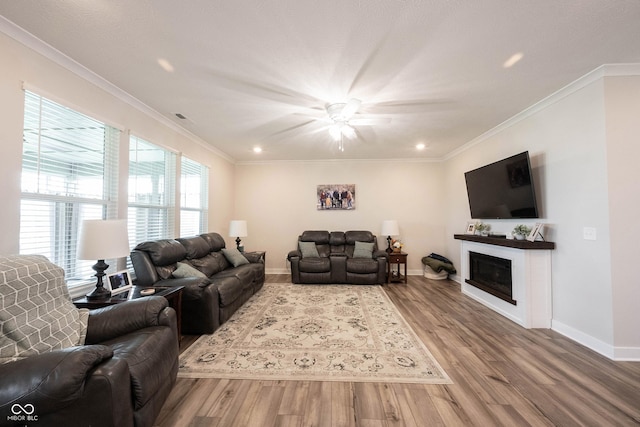 9671 Holborn Ave, Mccordsville, IN 46055 - living room with wood finished floors, recessed lighting, ceiling fan, crown molding, and a glass covered fireplace