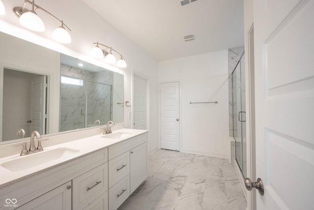 9671 Holborn Ave, Mccordsville, IN 46055 - bathroom with marble look tile flooring, a marble finish shower, and double vanity
