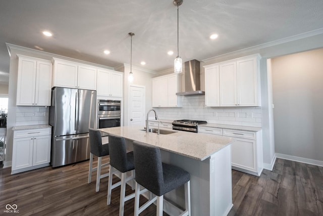 9671 Holborn Ave, Mccordsville, IN 46055 - kitchen featuring appliances with stainless steel finishes, wall chimney exhaust hood, dark wood-style floors, decorative backsplash, and white cabinets
