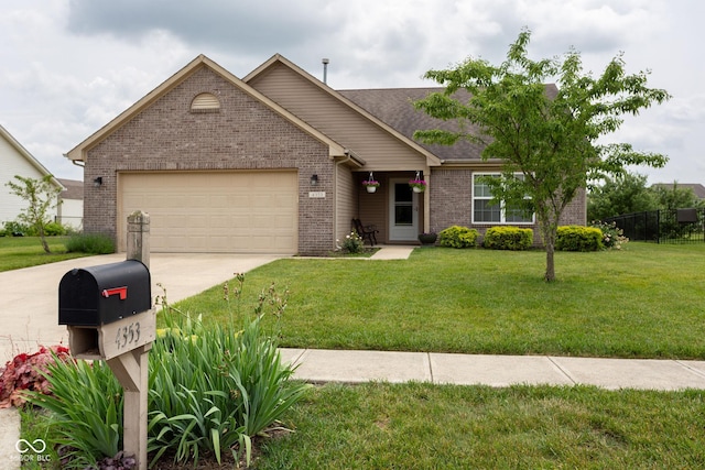 4353 W Parkway Ct, New Palestine, IN 46163 - ranch-style home with brick siding, a garage, concrete driveway, and roof with shingles