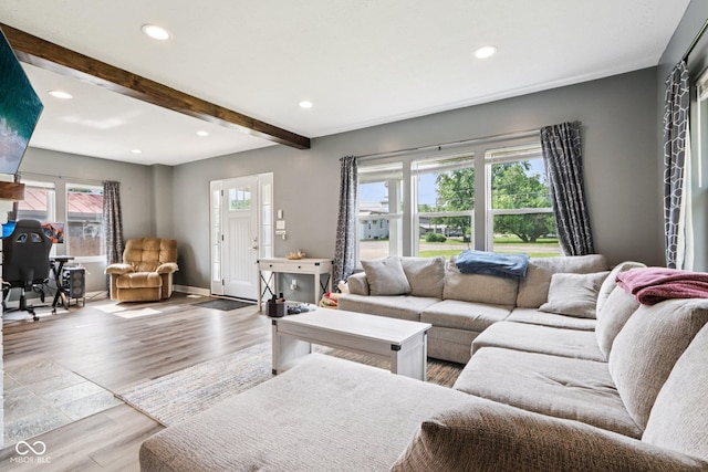 2928 Mounds Rd, Anderson, IN 46016 - living area featuring light wood-style floors, recessed lighting, and beam ceiling