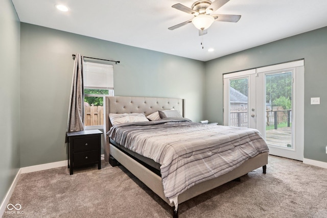 2928 Mounds Rd, Anderson, IN 46016 - bedroom with access to exterior, light colored carpet, french doors, recessed lighting, and a ceiling fan