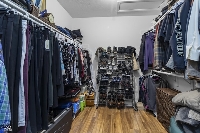 8310 Fall Creek Rd, Indianapolis, IN 46256 - walk in closet featuring attic access and wood finished floors