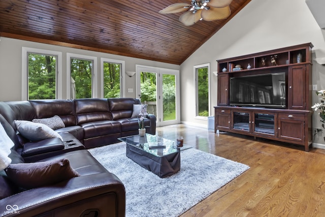 8310 Fall Creek Rd, Indianapolis, IN 46256 - living area with wood ceiling, ceiling fan, light wood-style floors, and high vaulted ceiling