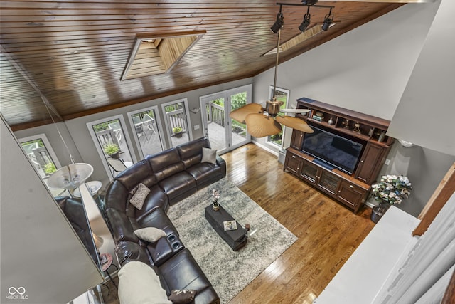 8310 Fall Creek Rd, Indianapolis, IN 46256 - living area with wooden ceiling, wood finished floors, and lofted ceiling