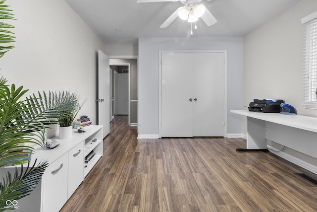 8310 Fall Creek Rd, Indianapolis, IN 46256 - home office with a ceiling fan and wood finished floors