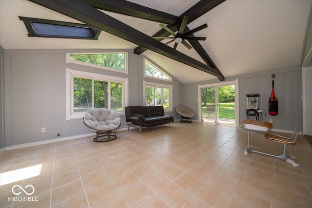 640 Shady Creek Ct, Greenwood, IN 46142 - living area with light tile patterned flooring, ceiling fan, and baseboards