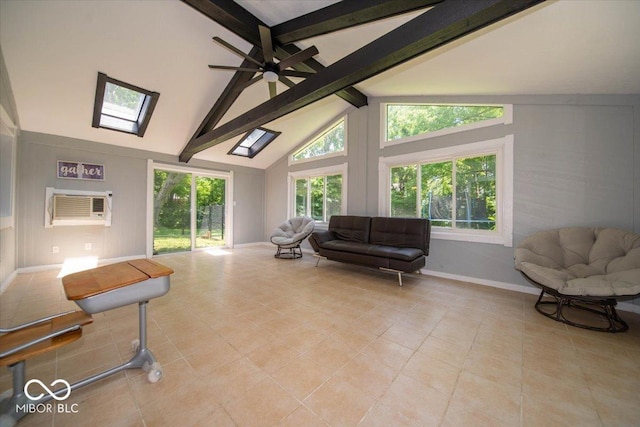 640 Shady Creek Ct, Greenwood, IN 46142 - living room featuring beam ceiling, tile patterned floors, baseboards, ceiling fan, and high vaulted ceiling