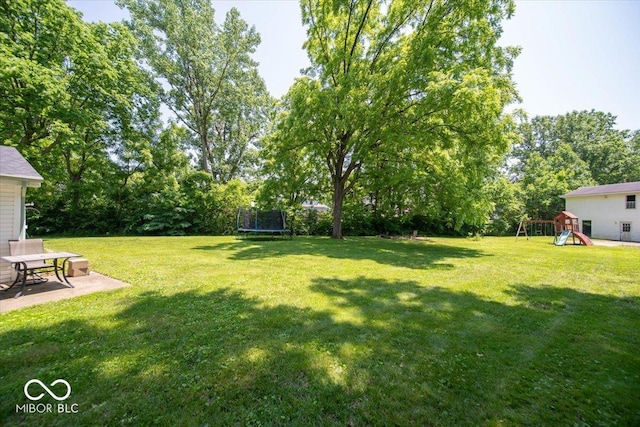 640 Shady Creek Ct, Greenwood, IN 46142 - view of grassy yard with a trampoline, a playground, a patio area, and view of scattered trees