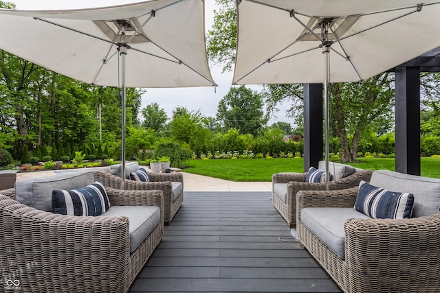 3549 W 131st St, Carmel, IN 46032 - wooden terrace featuring outdoor lounge area, a yard, and view of scattered trees