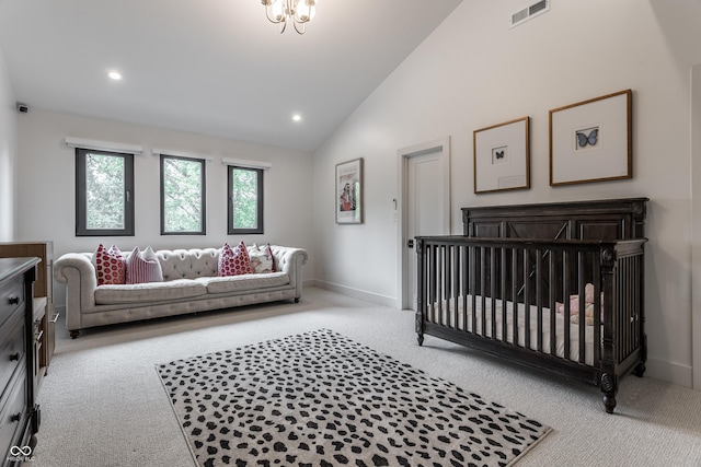 3549 W 131st St, Carmel, IN 46032 - bedroom featuring light colored carpet, recessed lighting, high vaulted ceiling, and a nursery area
