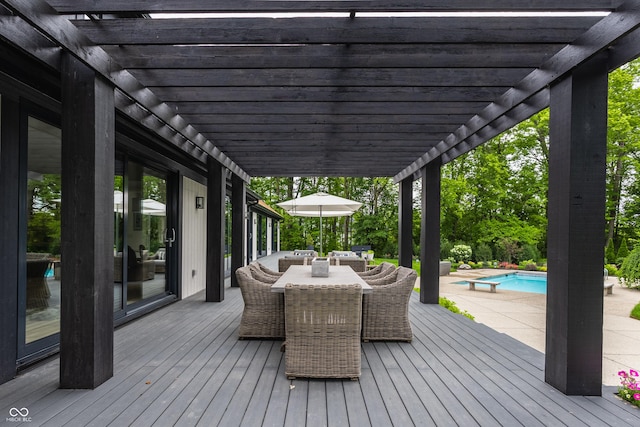 3549 W 131st St, Carmel, IN 46032 - wooden deck featuring a pergola, an outdoor pool, and outdoor dining space