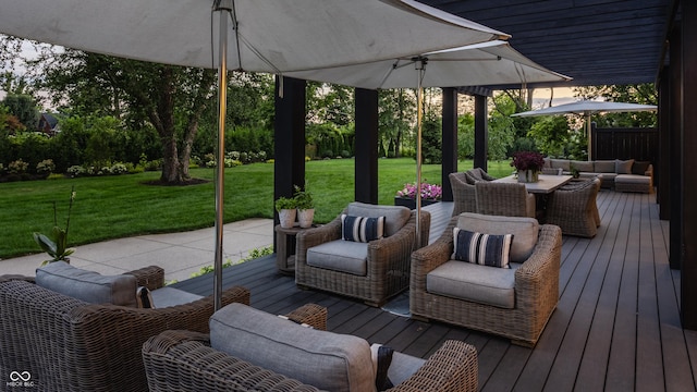 3549 W 131st St, Carmel, IN 46032 - wooden deck featuring a lawn, an outdoor living space, and outdoor dining space