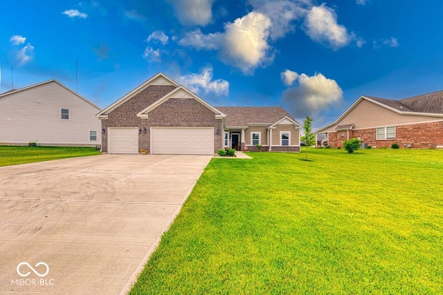 59 Manchester Dr, Trafalgar, IN 46181 - view of front facade with brick siding, concrete driveway, a front lawn, and a garage