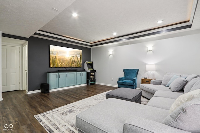 1345 Lewiston Dr, Westfield, IN 46074 - living room with dark wood-style floors, a tray ceiling, recessed lighting, and a textured ceiling