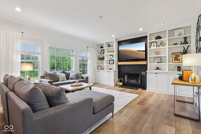 1345 Lewiston Dr, Westfield, IN 46074 - living area featuring crown molding, light wood-style flooring, a fireplace with flush hearth, recessed lighting, and built in shelves