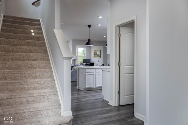 14110 Bay Willow Dr, Fishers, IN 46037 - stairs with wood finished floors and recessed lighting